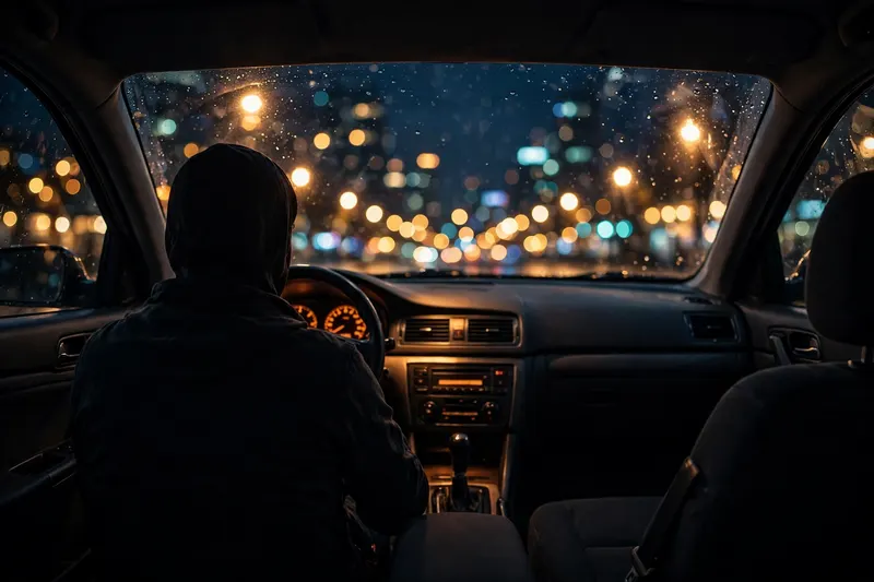 DC-1 Dash Cam — a rideshare driver at night, city lights through a rainy windshield