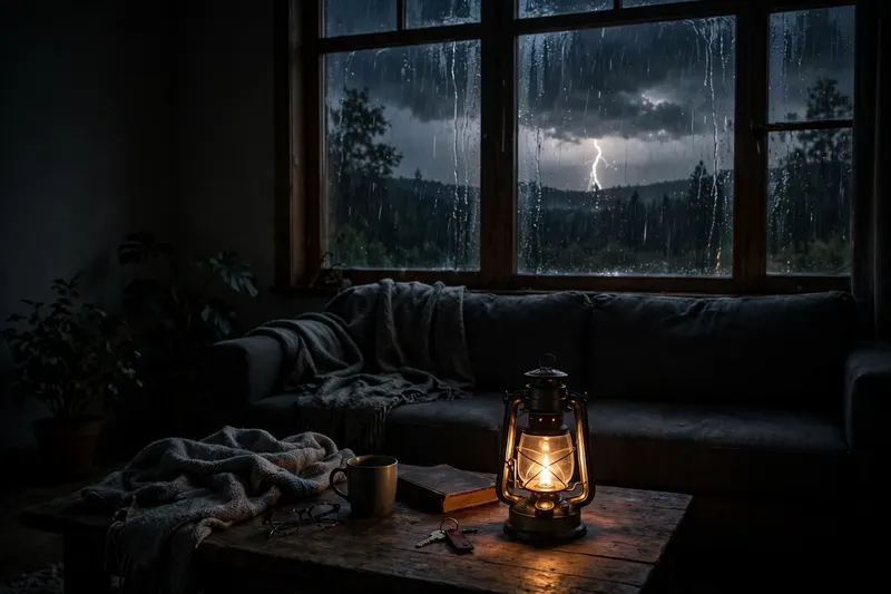 SR-1 Emergency Radio — a home in a storm blackout, lit by a single warm lantern